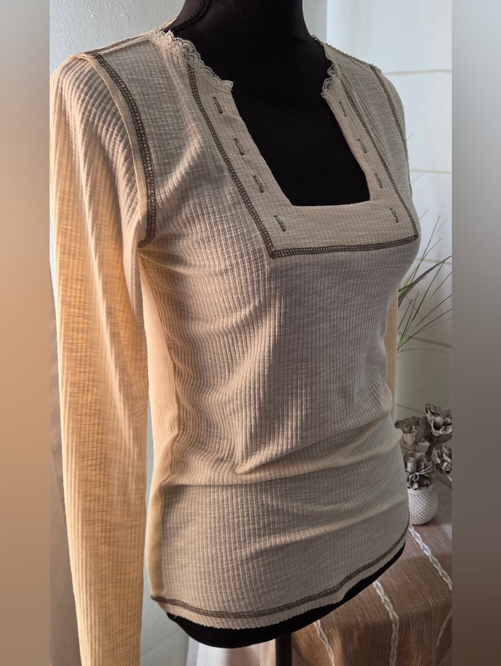 POL Clothing Cream Thermal Square Neck Top | Style YKT968